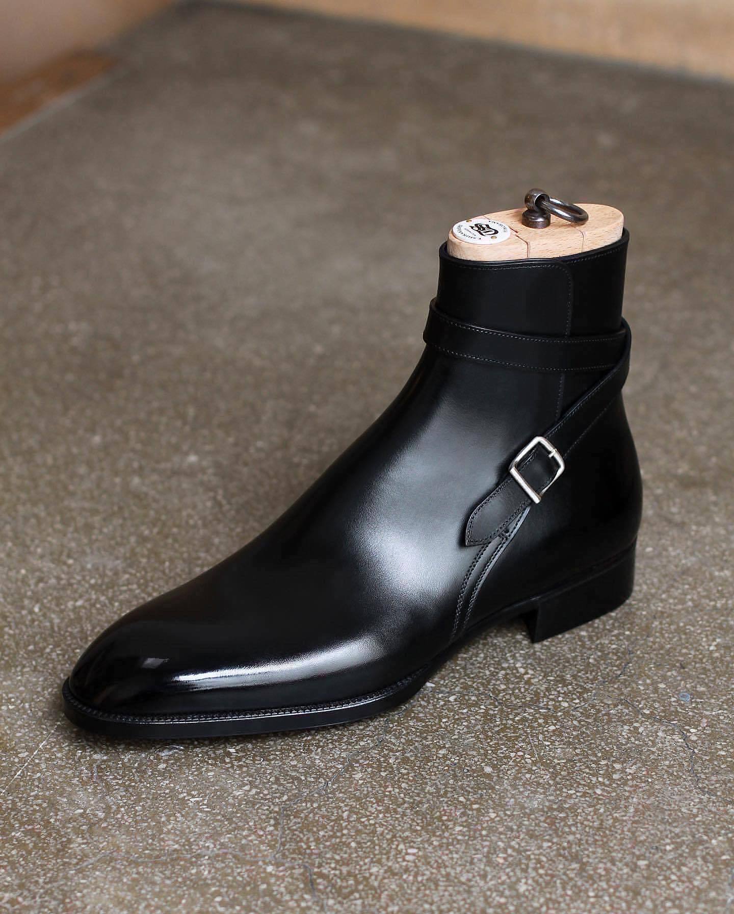 Men's Handmade Black Buckle Short Boots