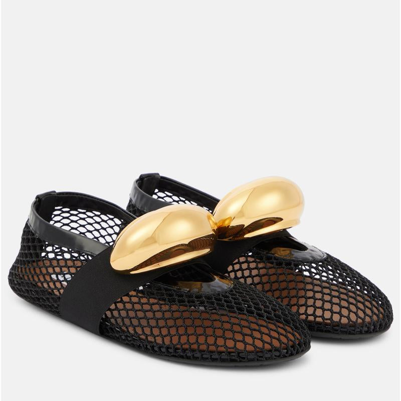 Patent Leather-trimmed Mesh Ballet Flats