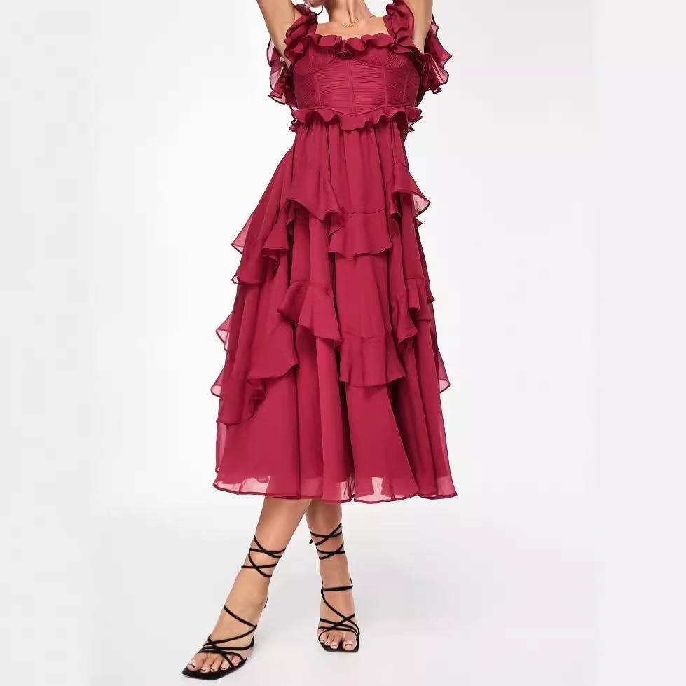 Red Chiffon Lace Backless Pleated Long Dress