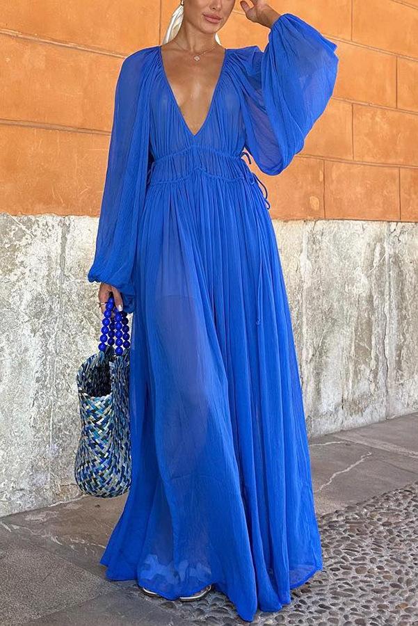 Deep V Chiffon Textured Flowy Long Dress