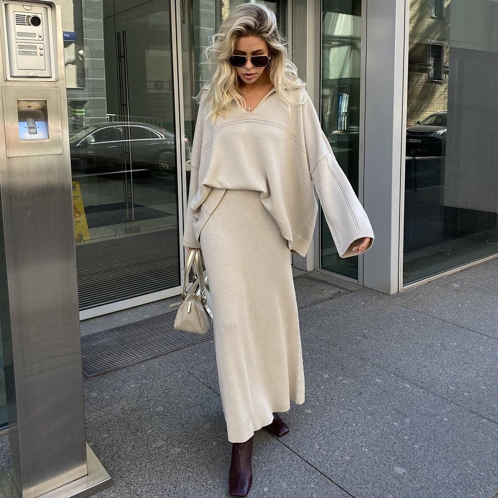 Autumn V-neck Solid Color Loose Sweater Set