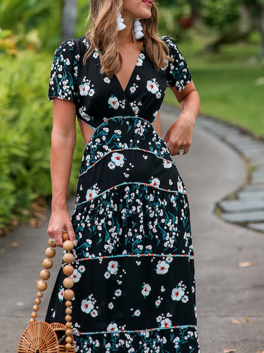 Floral Printed Short Sleeve Cutout Dress