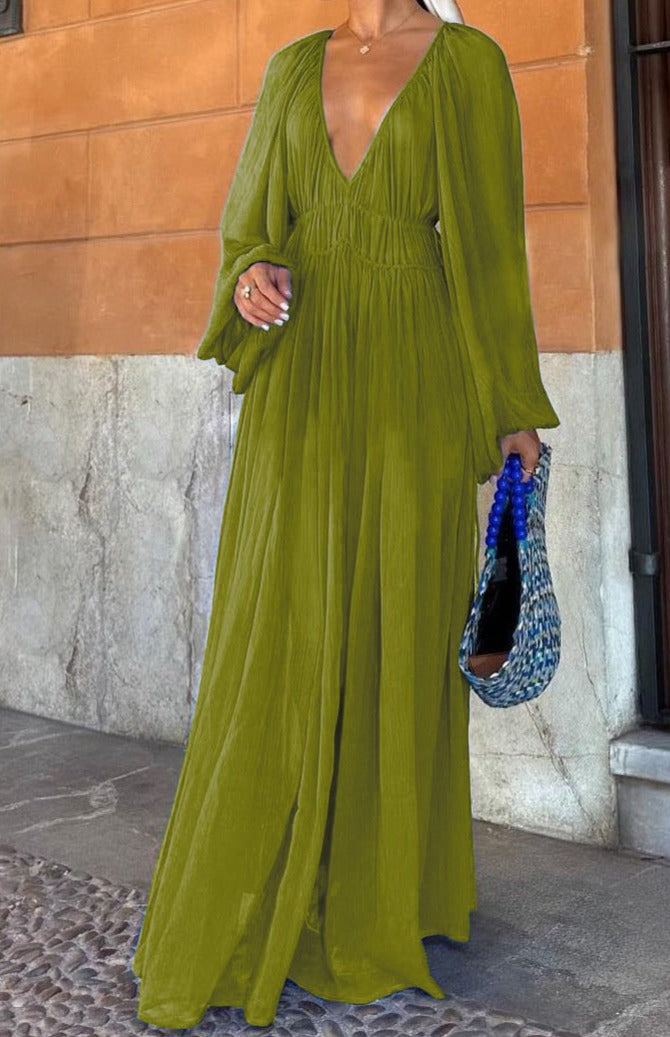 Deep V Chiffon Textured Flowy Long Dress