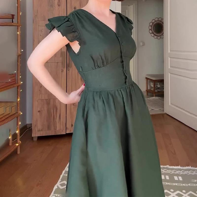 Forest Green Flying Sleeve Tight Waist Dress