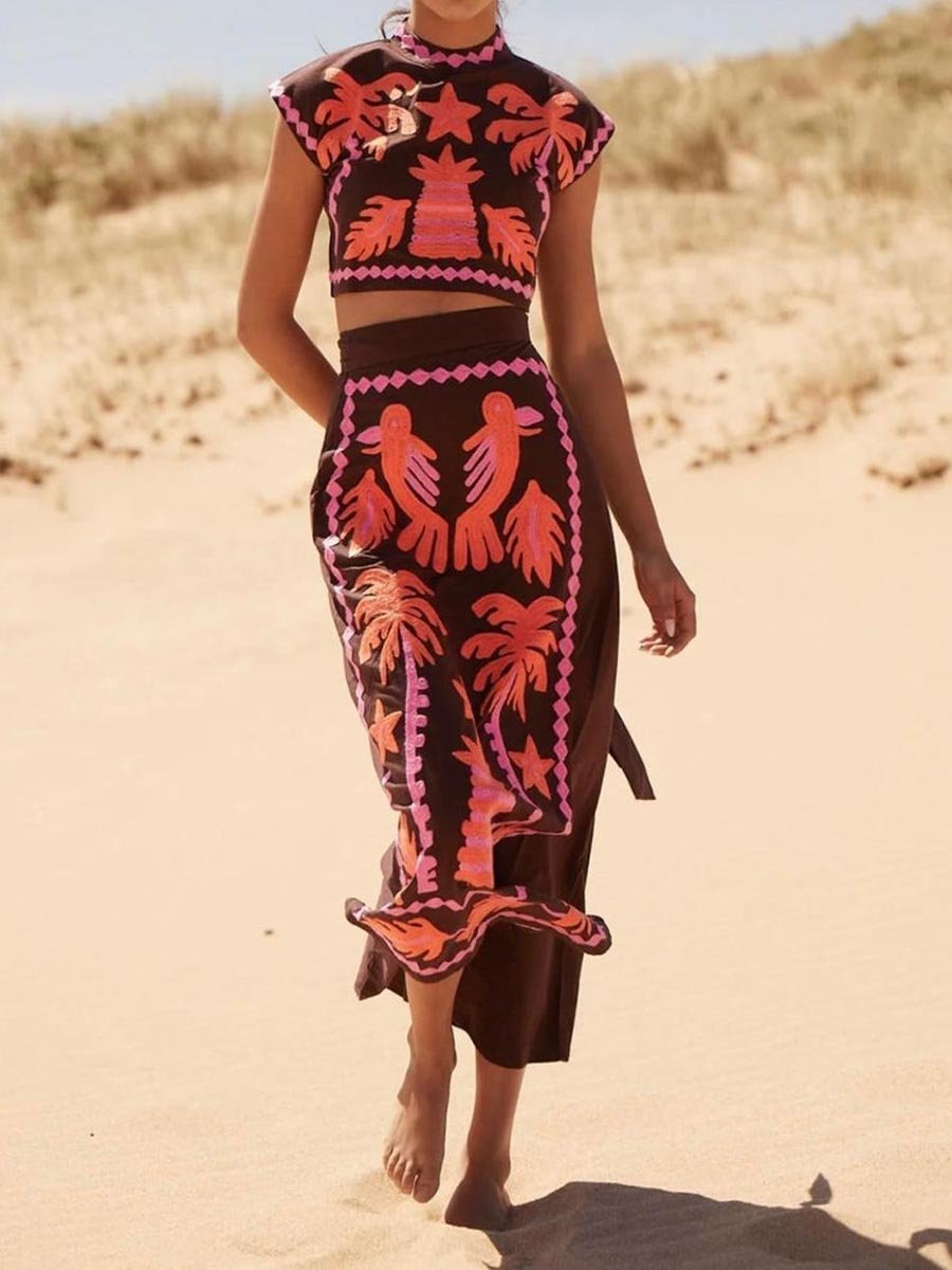 Printed Slit Hem Two Pieces Dress