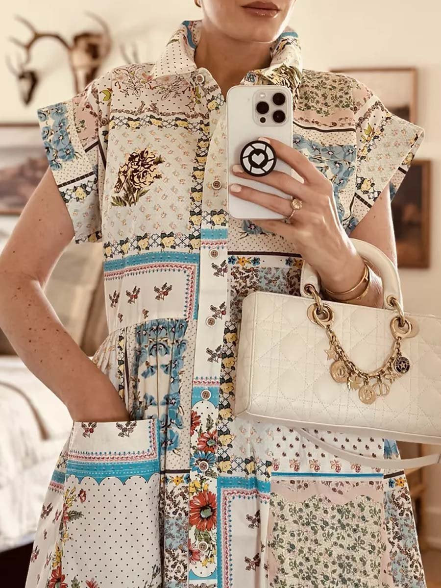 Printed Patchwork Short Sleeve Shirtdress