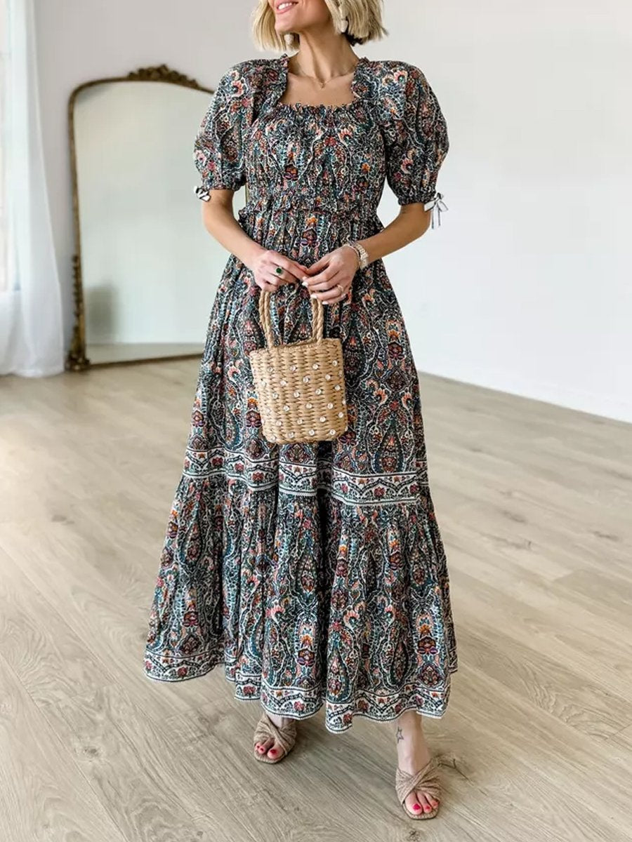 Printed Ruffled Puff Sleeve Maxi Dress