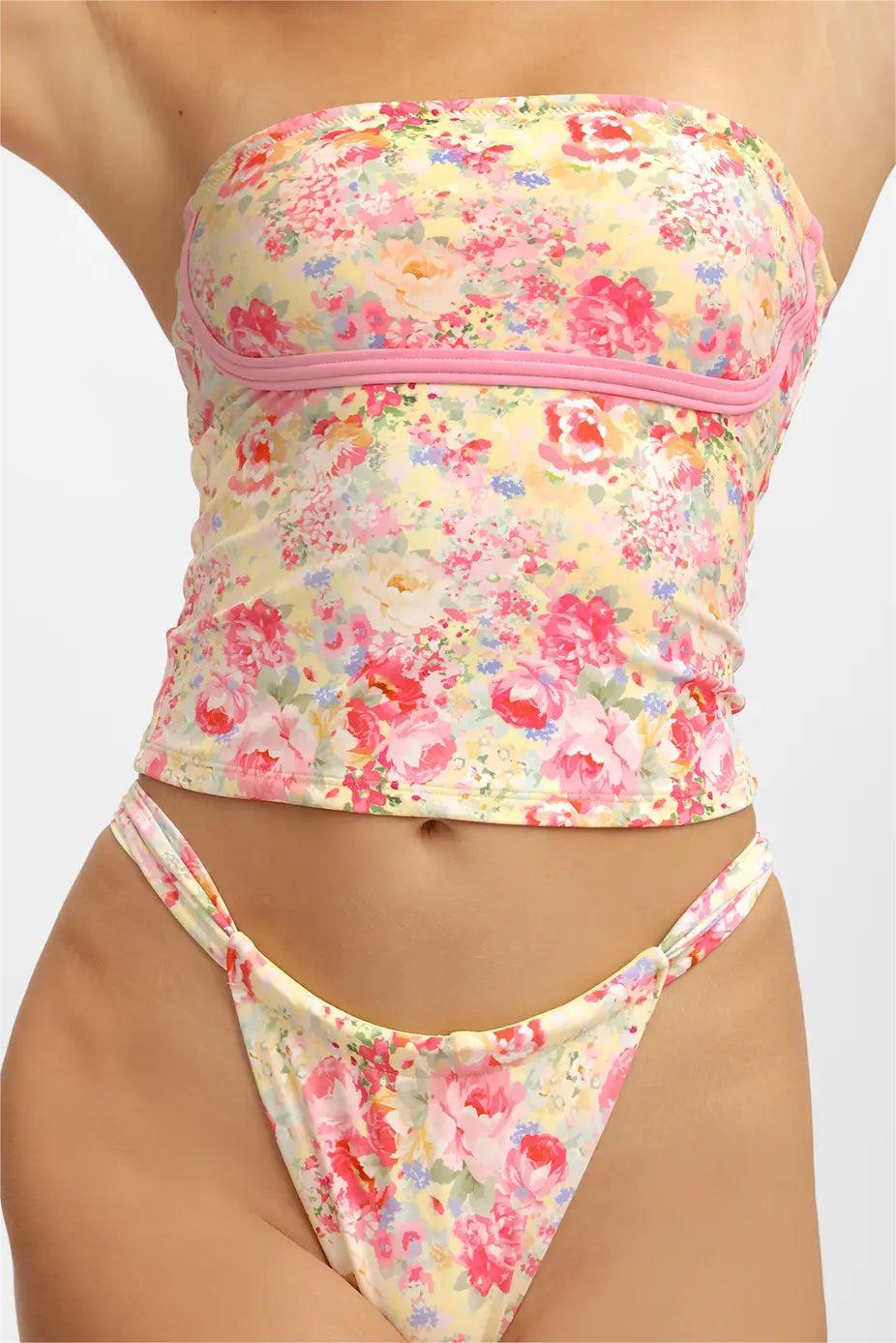 Pink Printed Cute Strapless Swimsuit