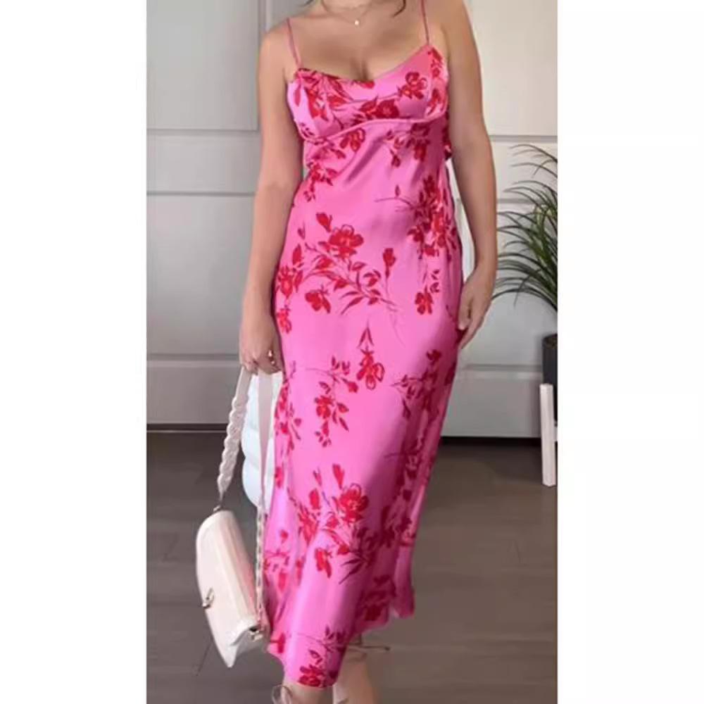 Pink Printed Backless Maxi Dress