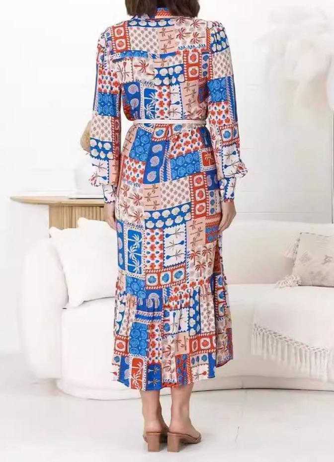 Long Sleeve Casual Printed Shirt Belted Dresses