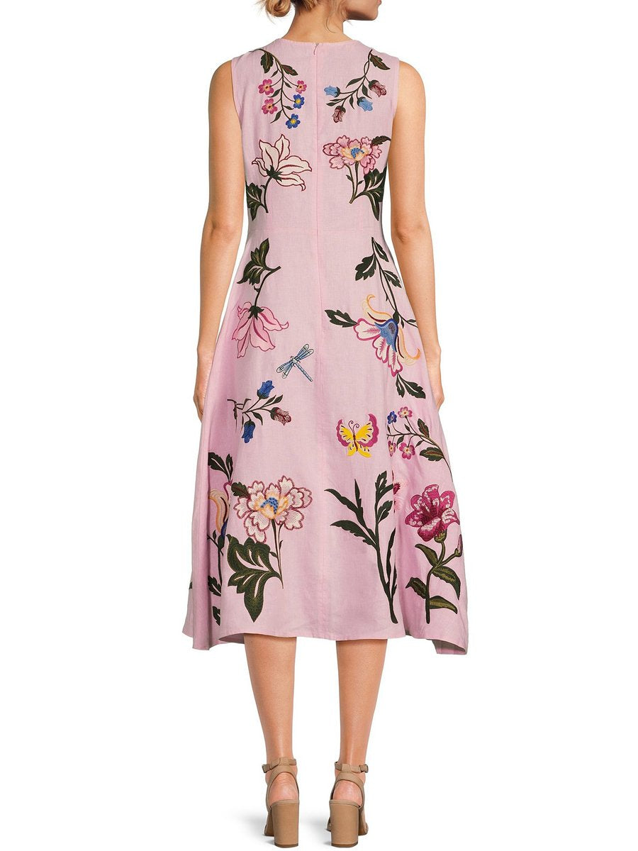 Floral Sleeveless Belted A Line Midi Dress