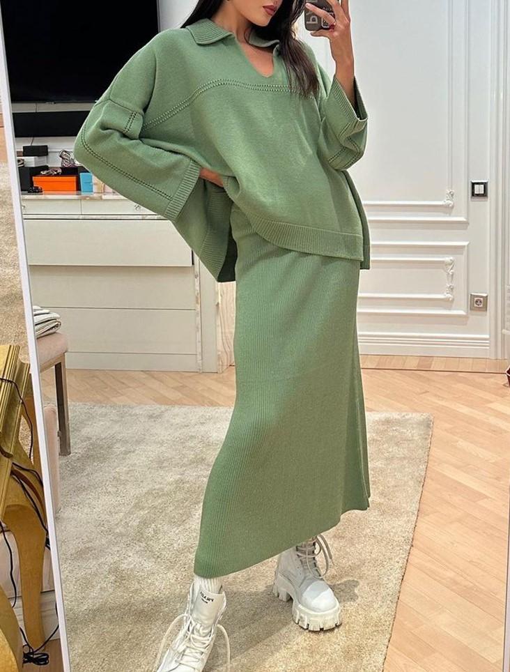 Autumn V-neck Solid Color Loose Sweater Set