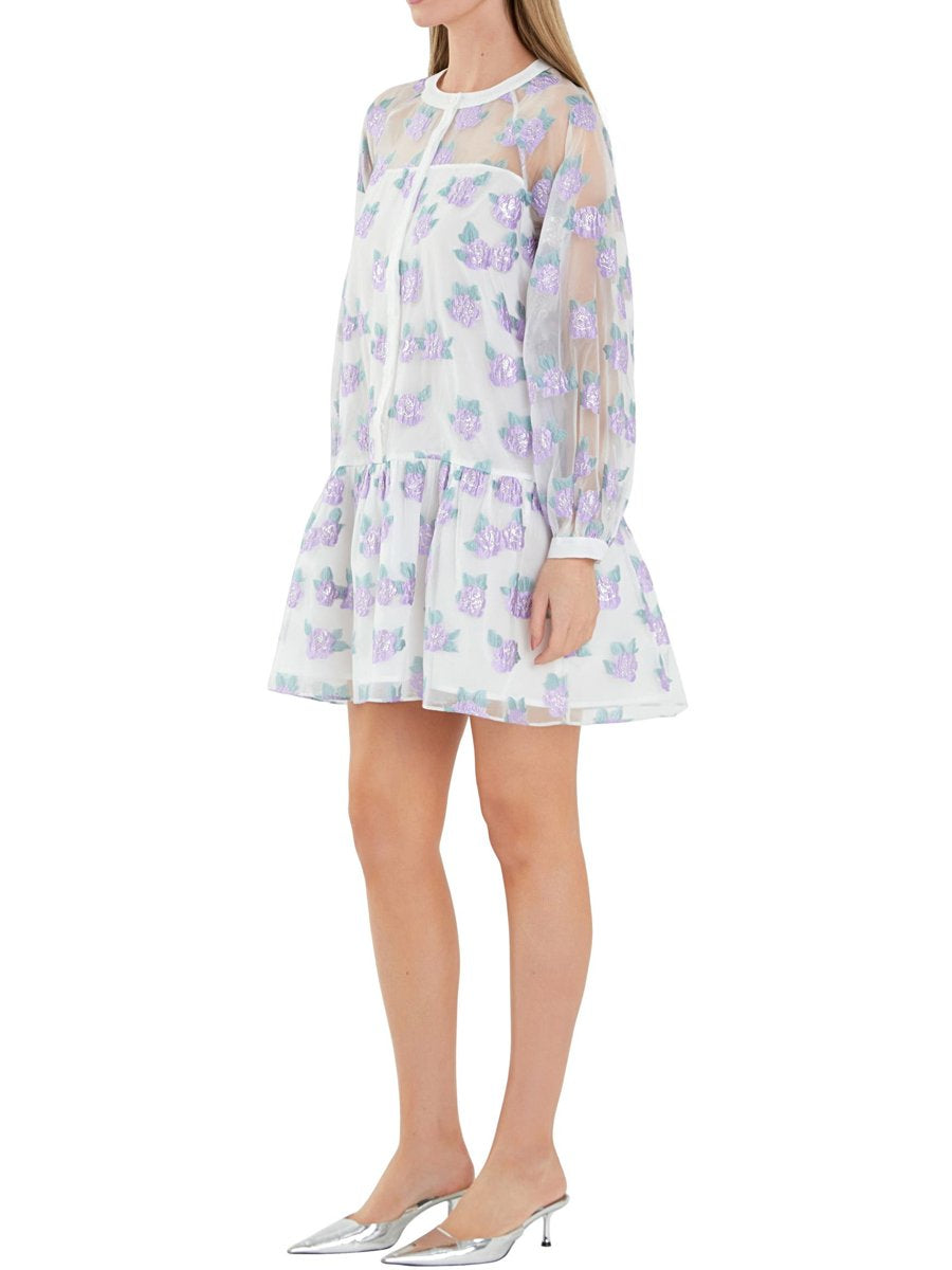 Floral Button Front Long Sleeve Organza Dress