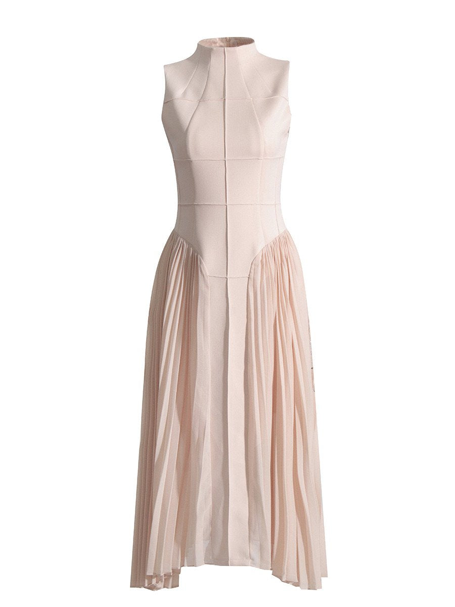 Elegant Sleeveless Slim Pleated Dress With Stand Collar