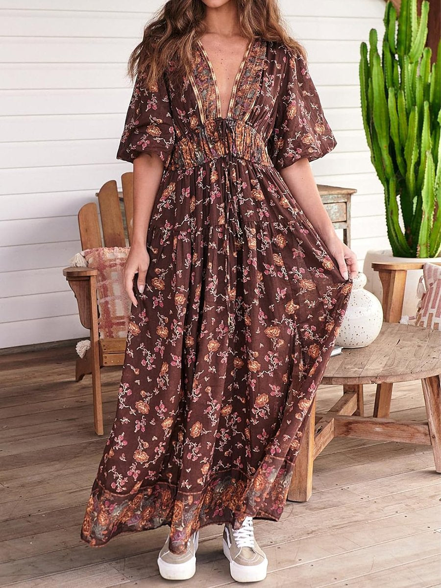 Floral Printed V Neck Bohemian Dress