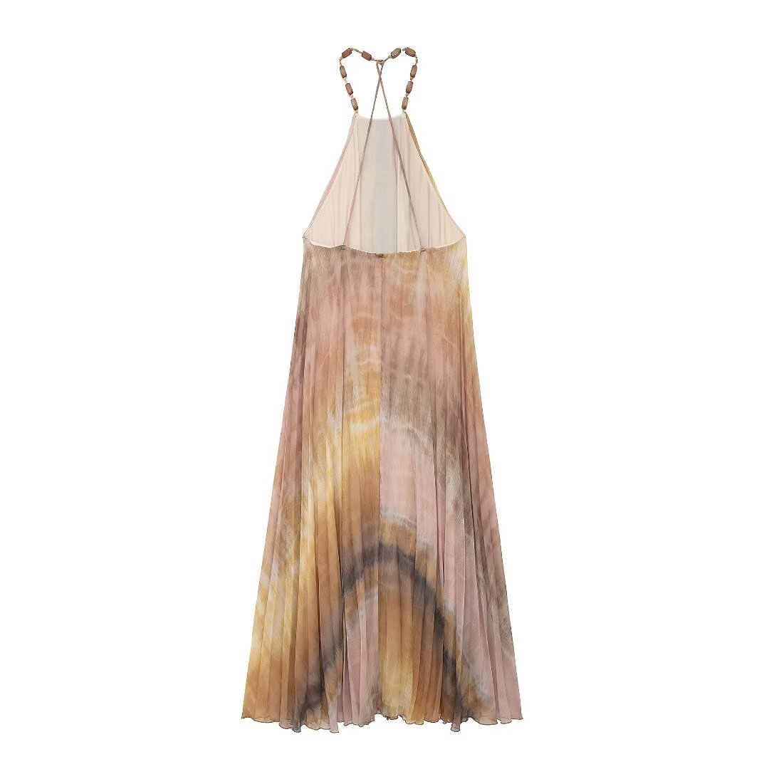 Tie-dye Halter Neck Pleated Backless Dress