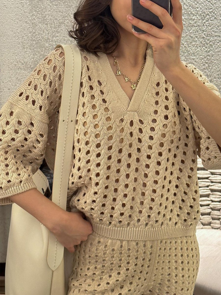 Hollow Knitted V Neck Casual Set