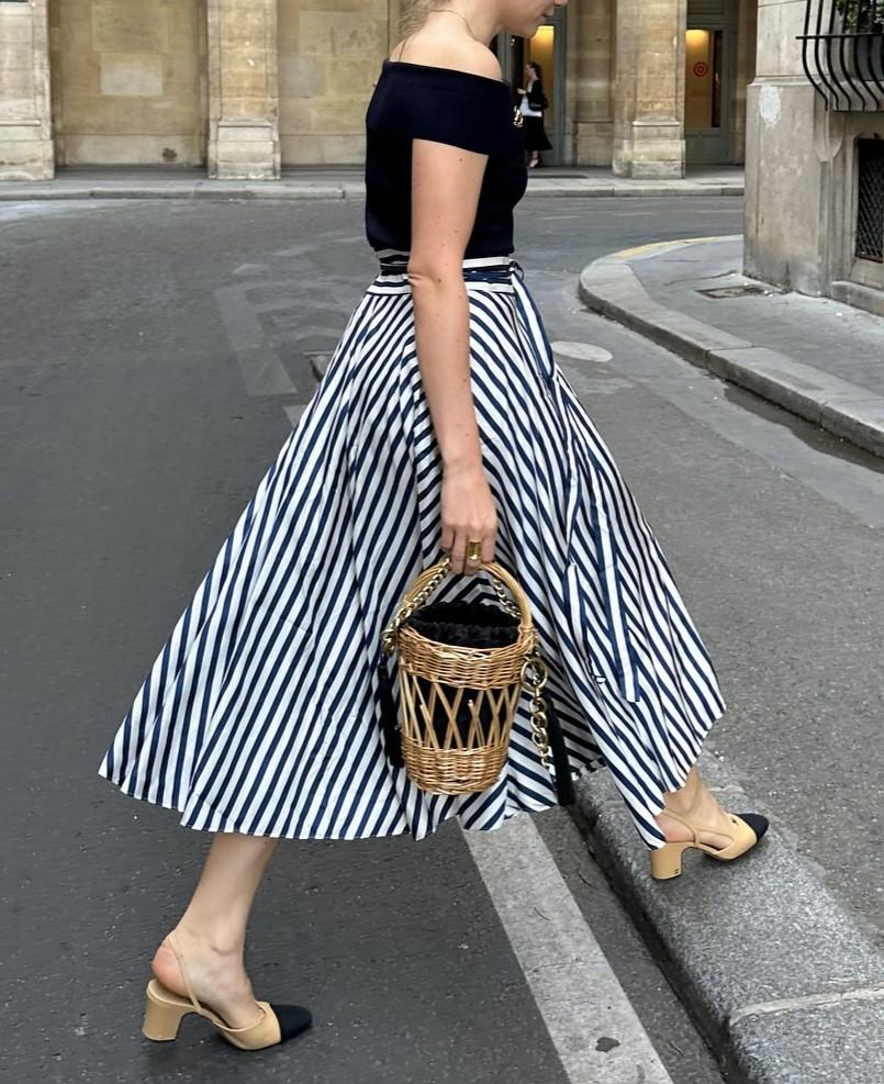 Airy One-Shoulder Top With Striped Half-Body Skirt Set