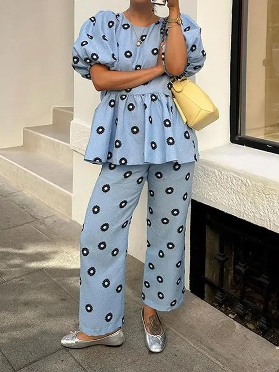 Printed Casual Round Neck Loose Suit