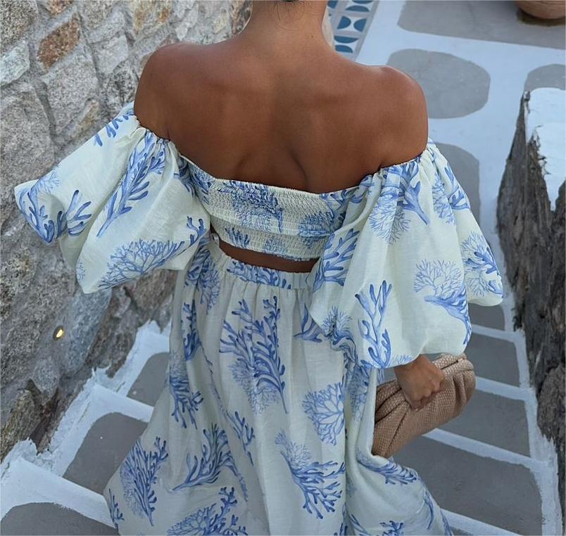 Blue Printed Bubble Sleeve Slim Dress