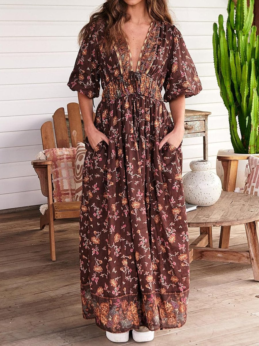 Floral Printed V Neck Bohemian Dress