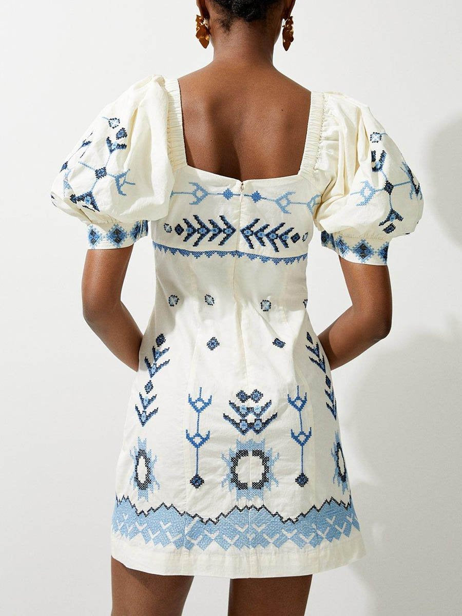 Embroidered Puff Sleeve Square Collar Dress