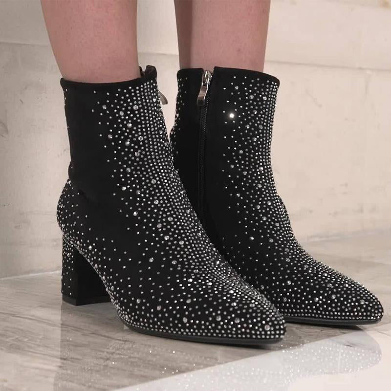 Women's Rhinestone Decor Chunky Heel Boots