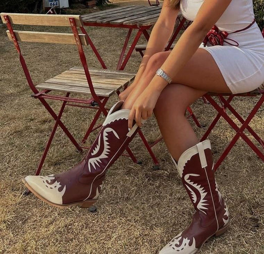 Cowboy Western Boots Burgundy Red & Cream