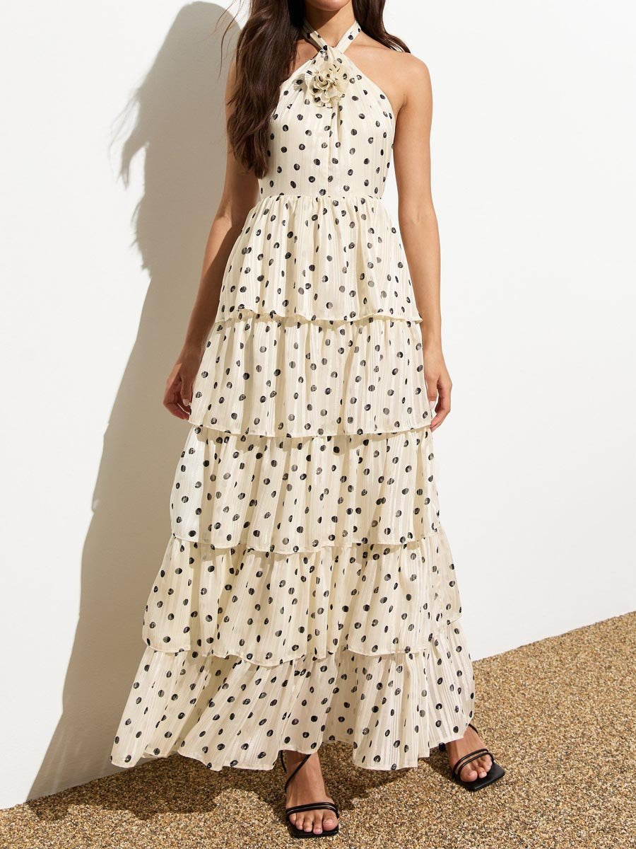 Polka Dot Halter Neck Tiered Maxi Dress