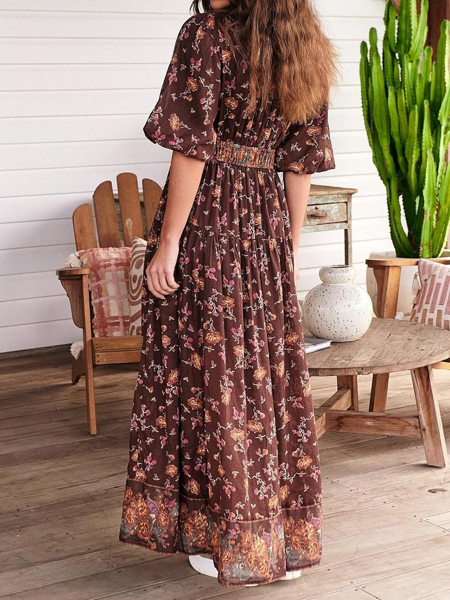 Floral Printed V Neck Bohemian Dress