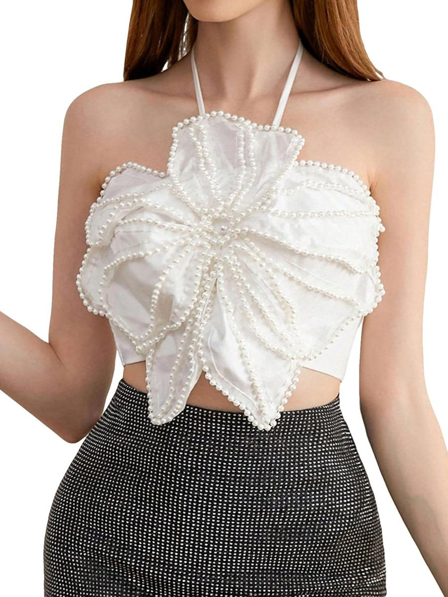 Pearl 3D Flower Halter Neck Top