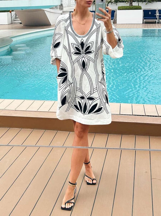 Scoop Neck Printed Cotton Dress