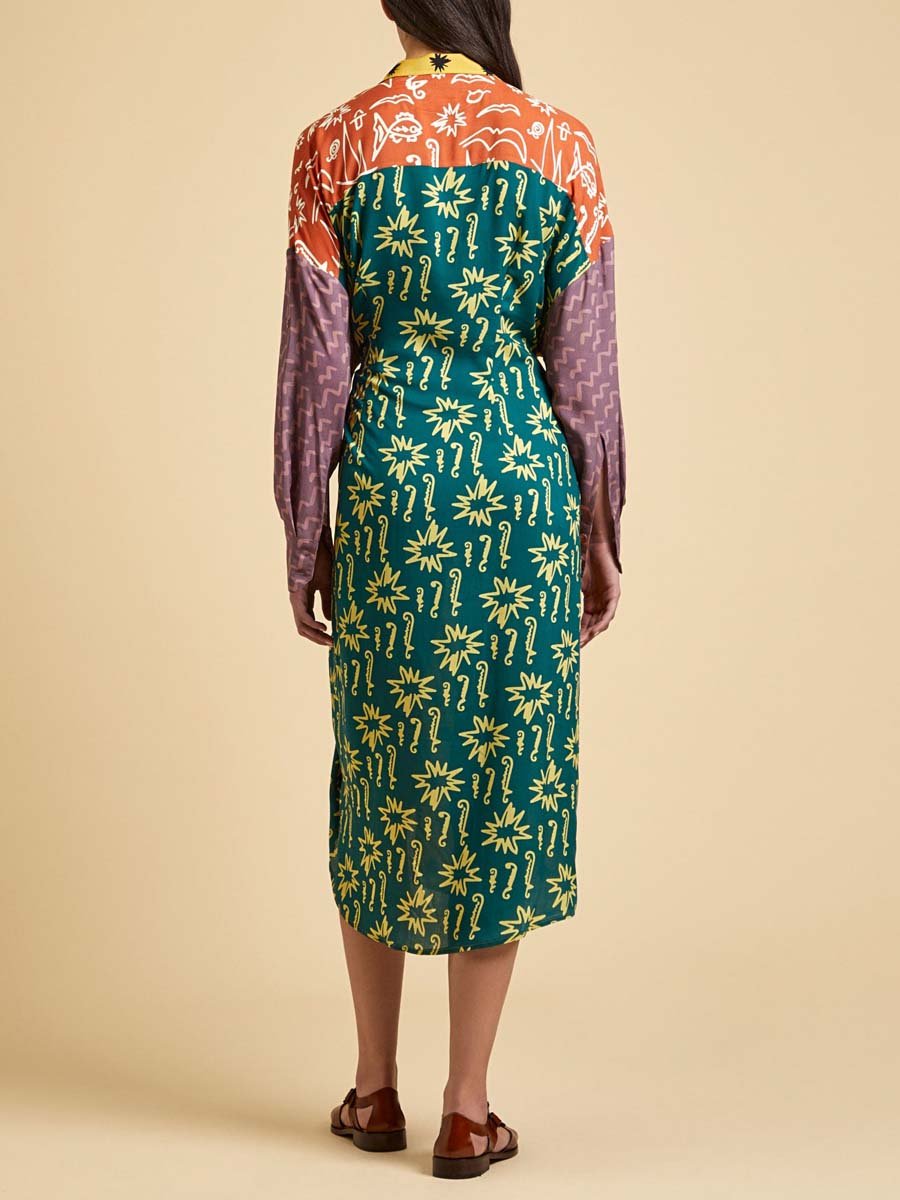 Patchwork Printed Knotted Waist Dress