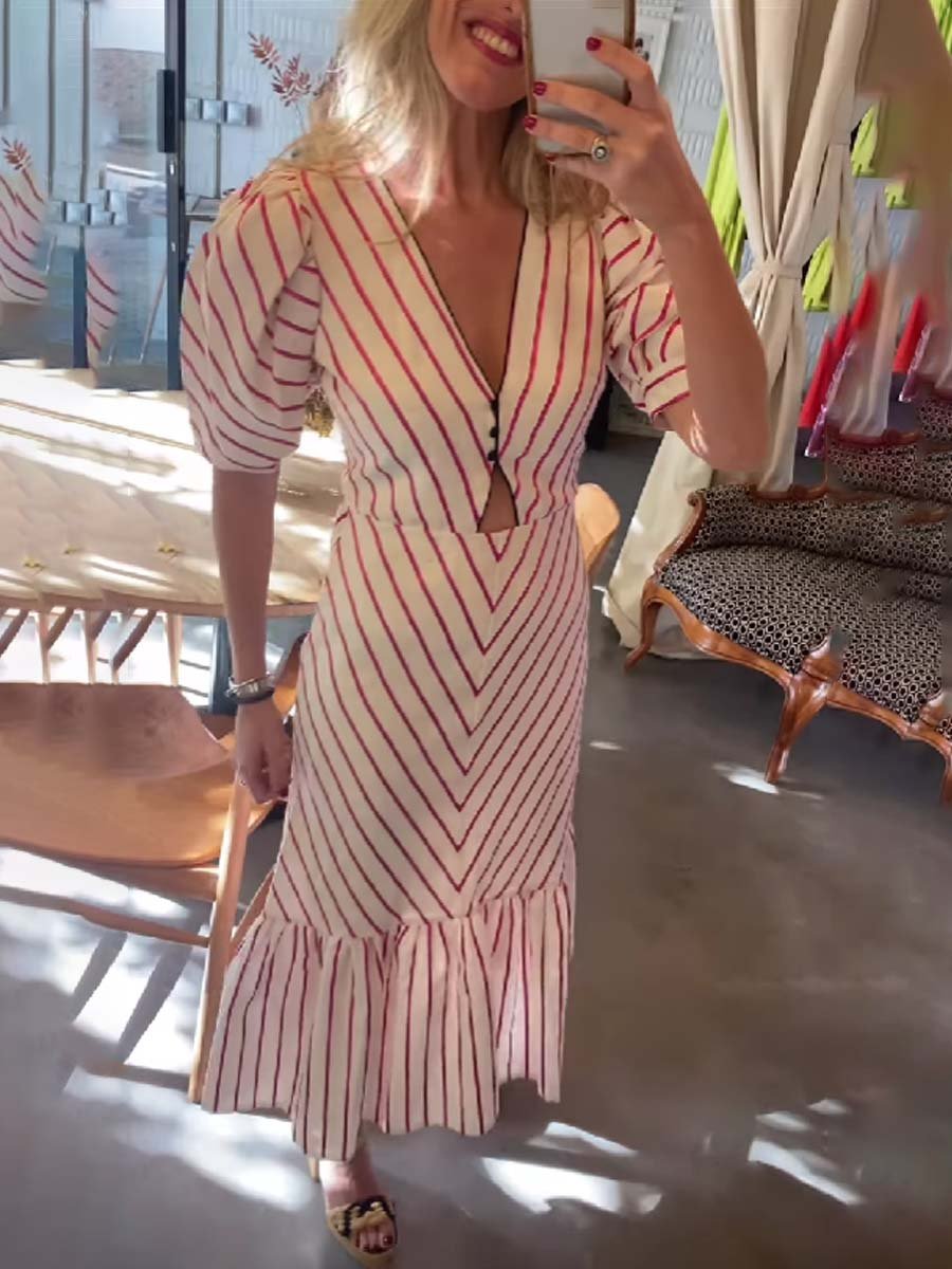 Striped Print V Neck Cutout Dress