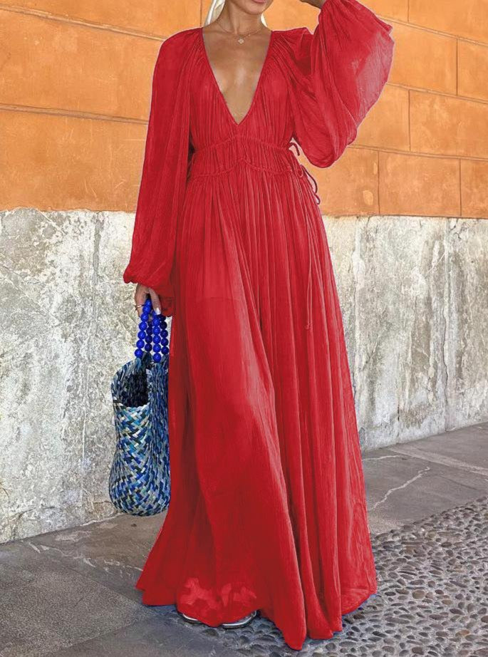 Deep V Chiffon Textured Flowy Long Dress