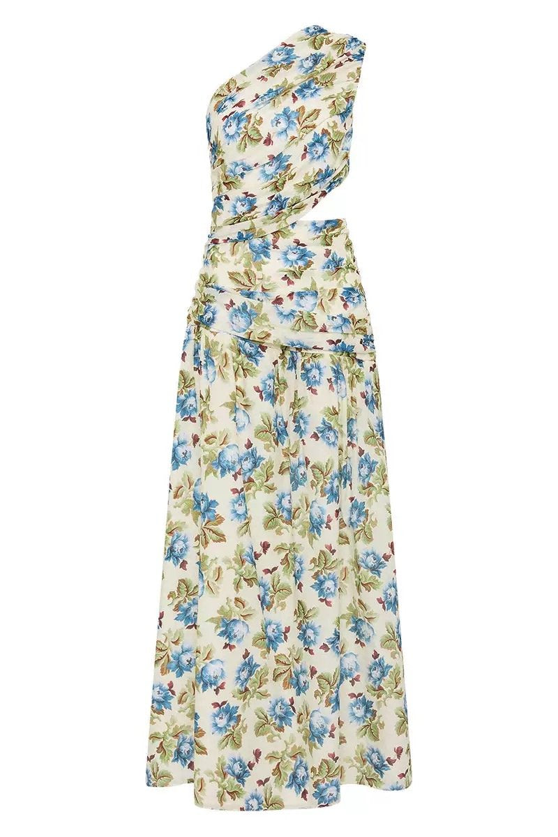 Sleeveless Floral Print Dress With Slanted Shoulders