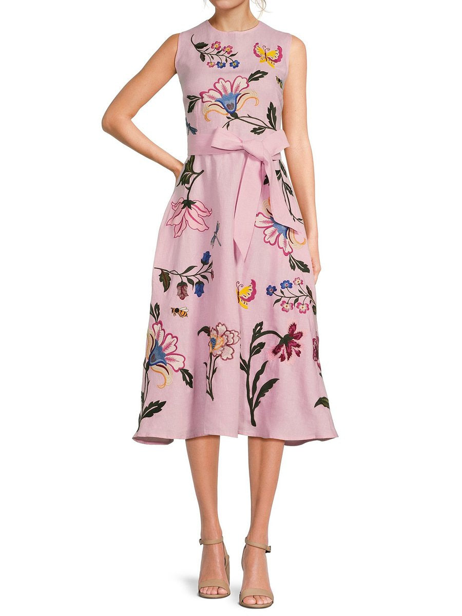 Floral Sleeveless Belted A Line Midi Dress