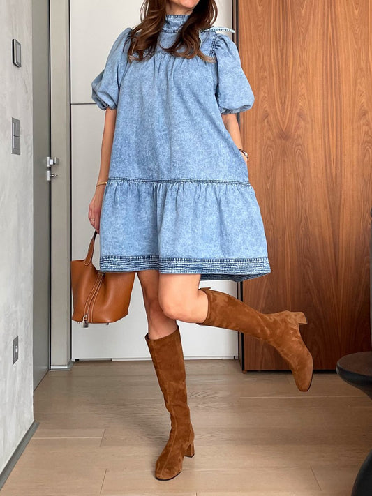 Denim Bownot Puff Sleeve Mini Dress