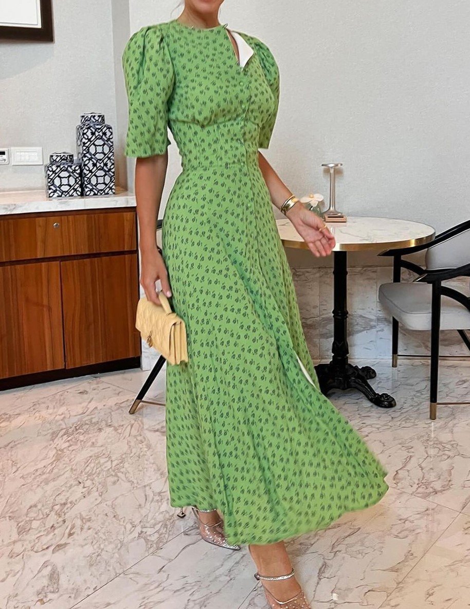 Green Floral Printed Button Down Midi Dress