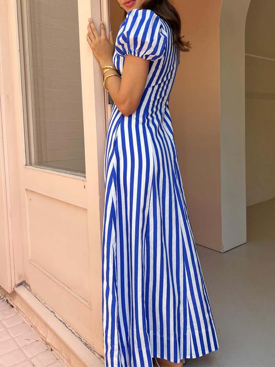 Deep V Neck Printed Puff Sleeve Dress