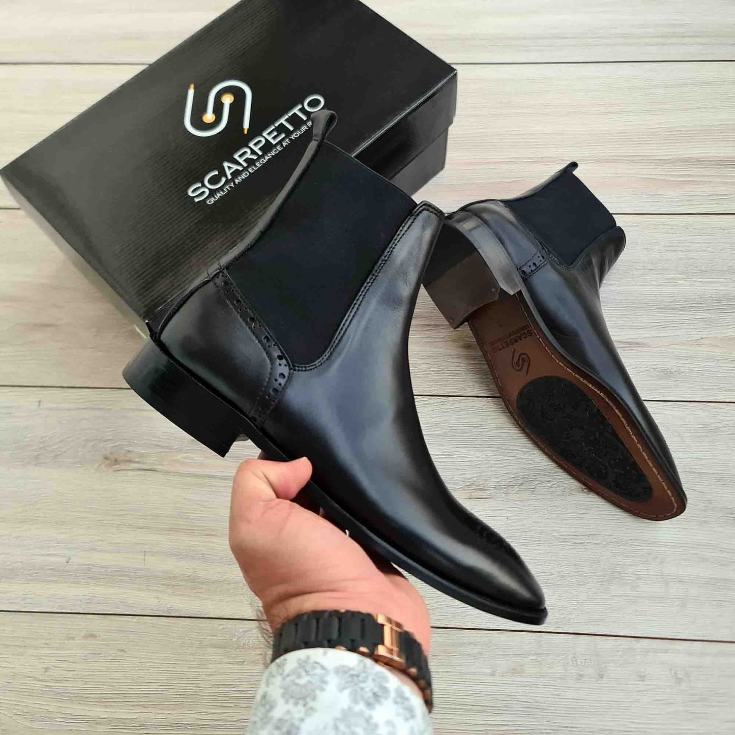 Black Leather Brogues Chelsea Boots