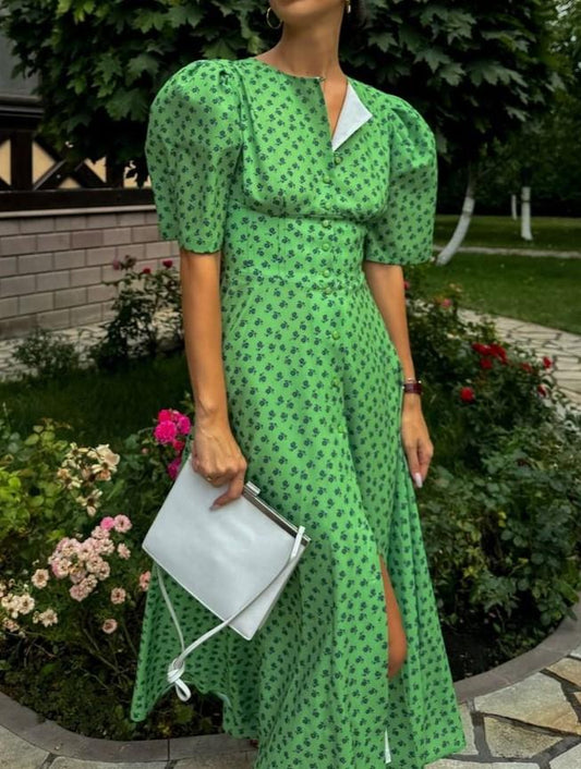 Green Floral Printed Button Down Midi Dress