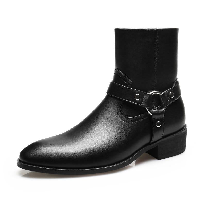 Men's Leather Boots With Decorative Buckle Strap