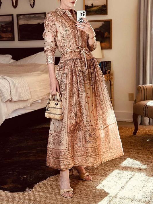 Placement Print Lace Up Maxi Shirtdress