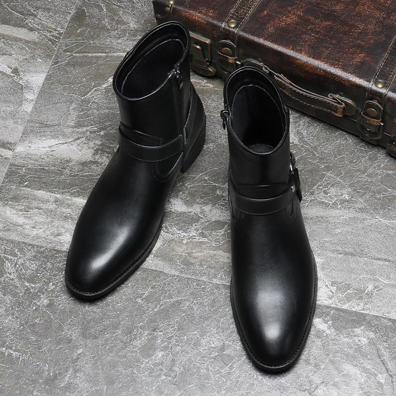 Men's Leather Boots With Decorative Buckle Strap