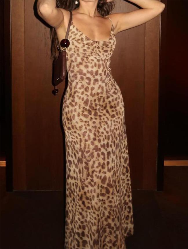 Swing Neck Leopard Print Sexy Backless Maxi Dresses