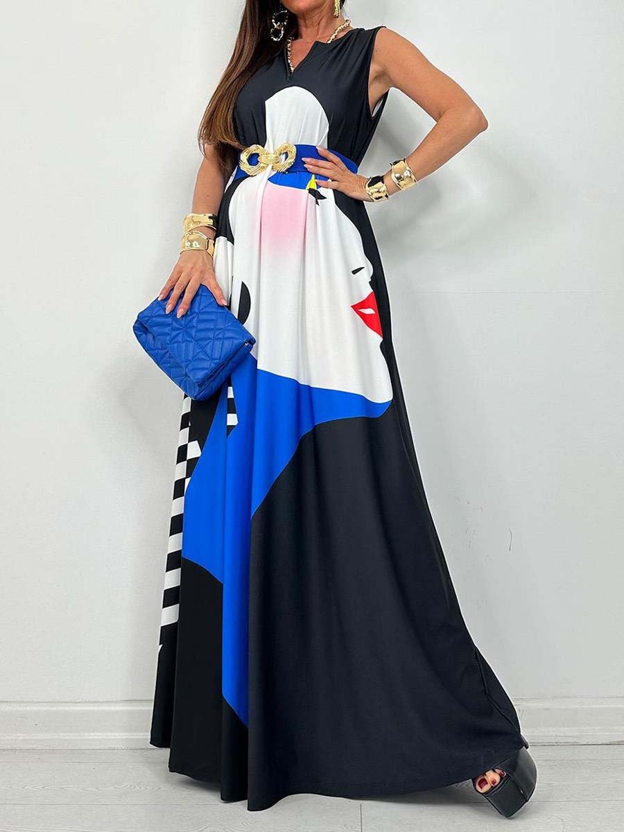 V Neck Sleeveless Printed Maxi Dress