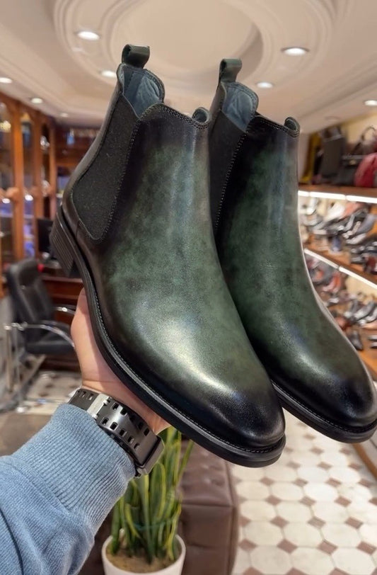 Green Leather Chelsea Boots