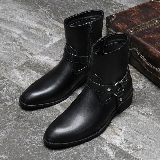 Men's Leather Boots With Decorative Buckle Strap