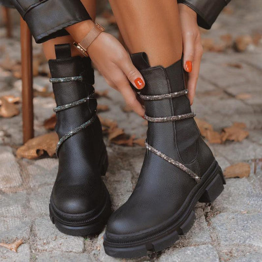 Snake Wrap Rhinestone Ankle Casual Platform Boots